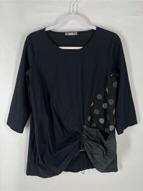 Chalet et Ceci Mixed Media Black Ruched Polka Dot Tunic Top Size Small